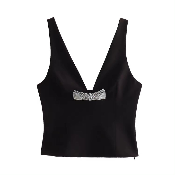Nerys Black  Front Bow Tie W/ Beading Tank Top