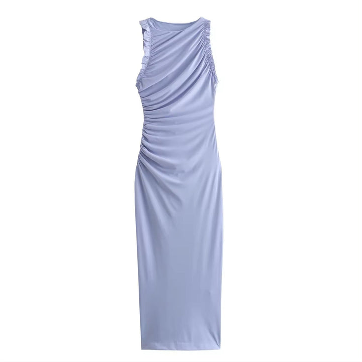 Corrine Lilac Crew Neck Pleated Sleeveless Back slit Midi Dress