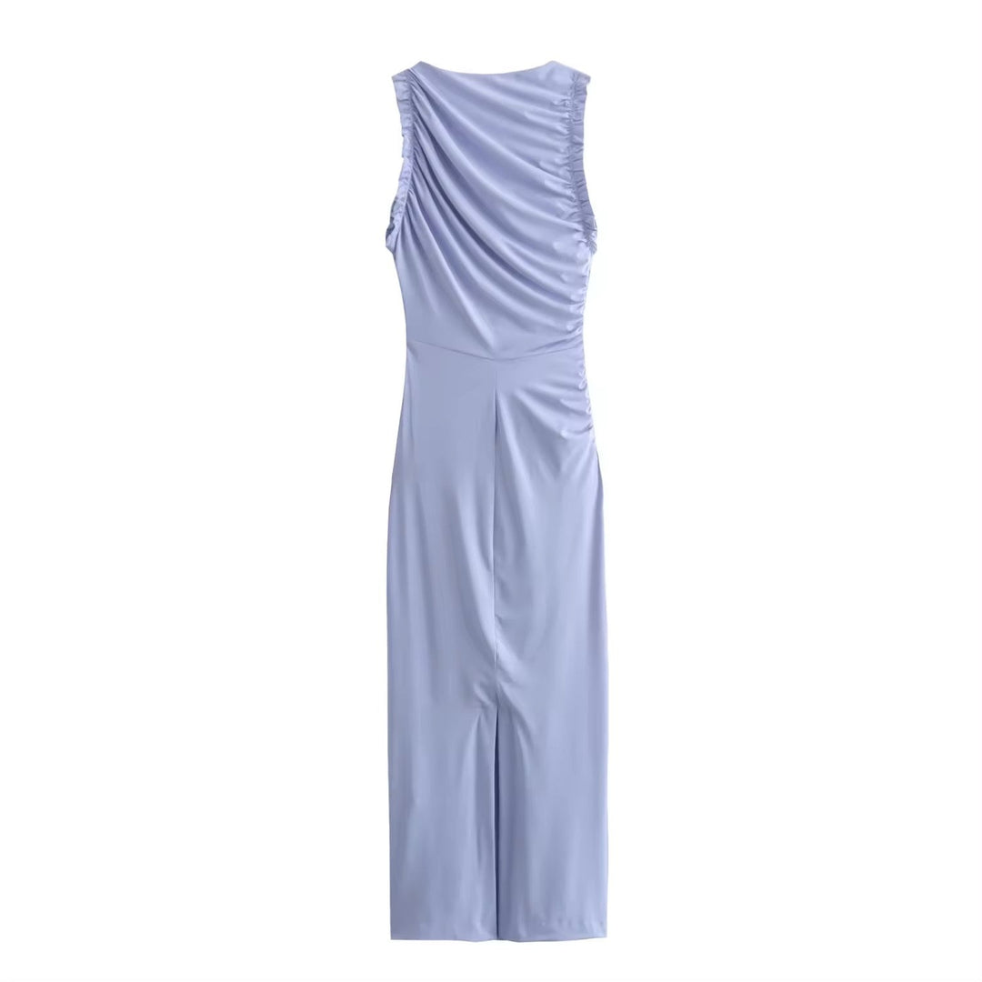 Corrine Lilac Crew Neck Pleated Sleeveless Back slit Midi Dress