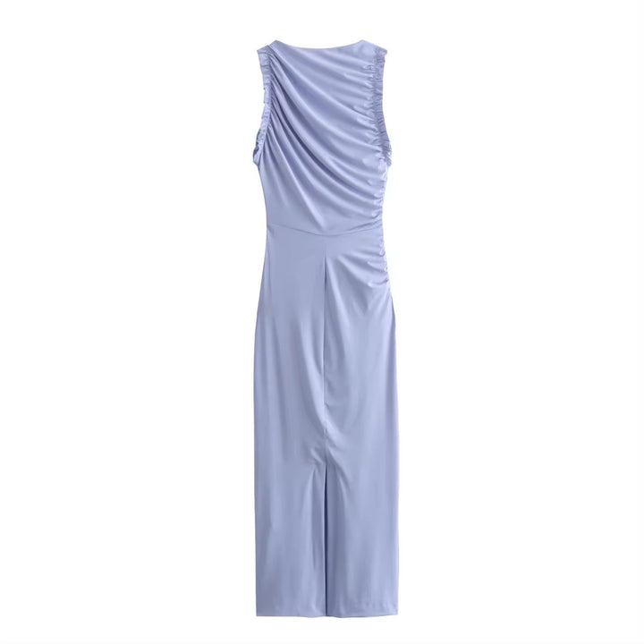 Corrine Lilac Crew Neck Pleated Sleeveless Back slit Midi Dress