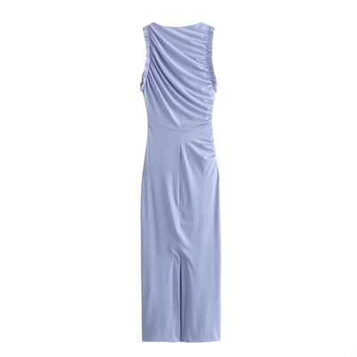 Corrine Lilac Crew Neck Pleated Sleeveless Back slit Midi Dress
