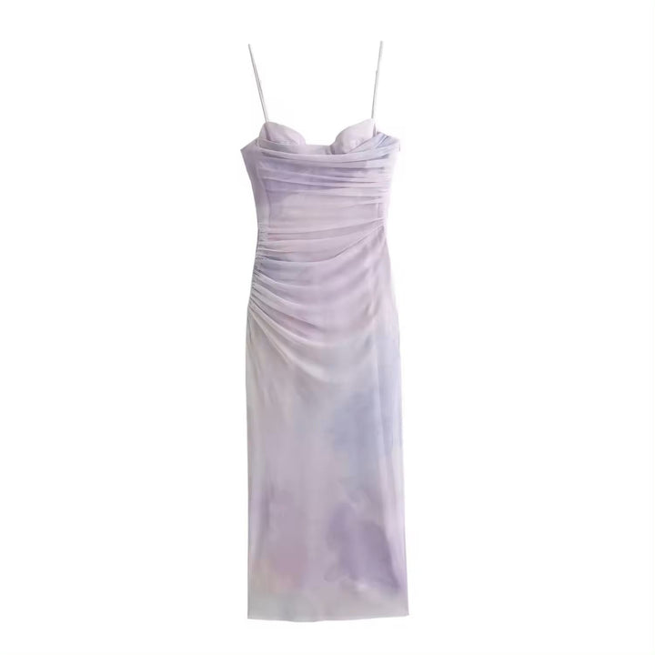 Ruzanna Lilac Bustier Thin Strap Pleated Long Slip Dress