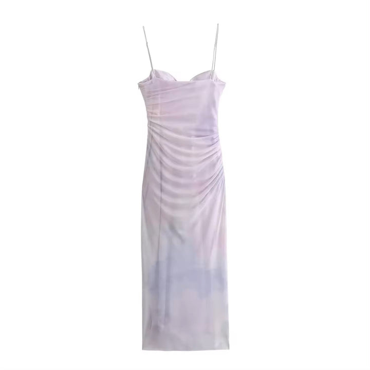 Ruzanna Lilac Bustier Thin Strap Pleated Long Slip Dress