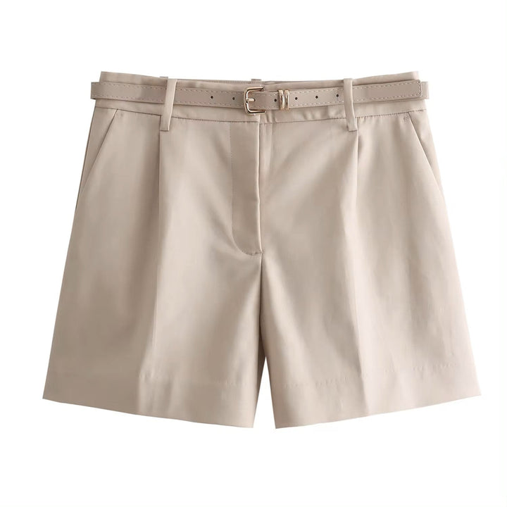 Viserra Beige Zipper Fly Sashes Shorts