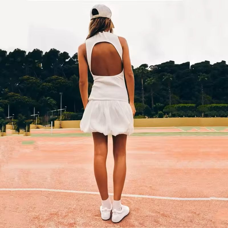 Marinara White Crew Neck Back Hollow Out Mini Knit Dress