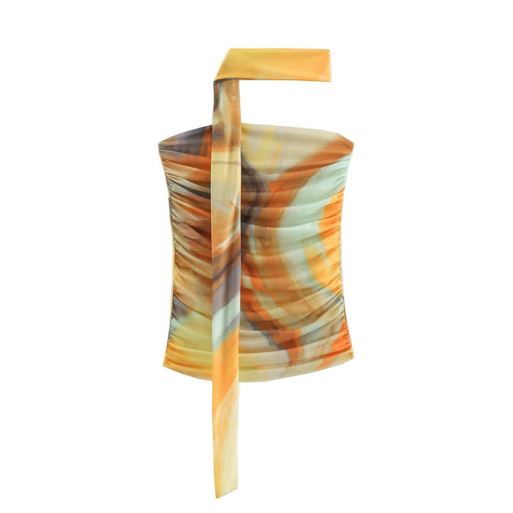 Izzy Yellow Tie-Dye Scarf Details Ruched Tube Top