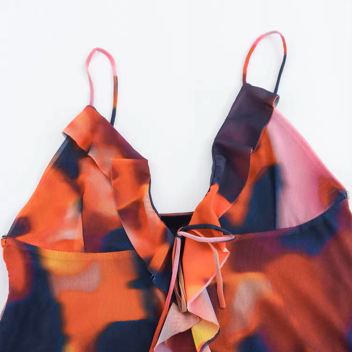 Prudence Multi Color Abstract Printed Asymmetric Ruffle Cami Top