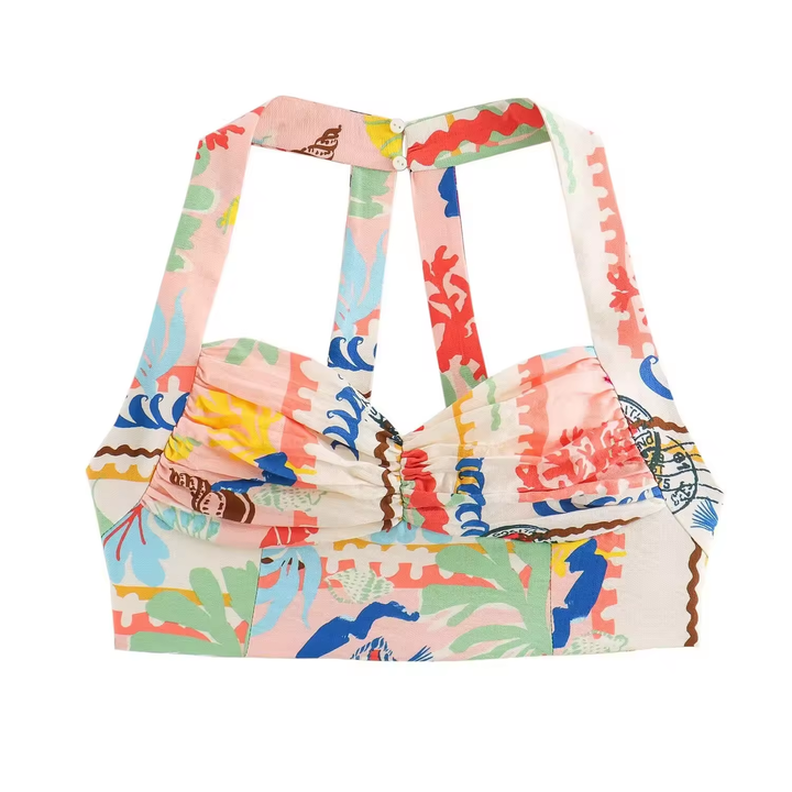 Fidelity Multi Color Thai Seaside Print Halter Tank Top