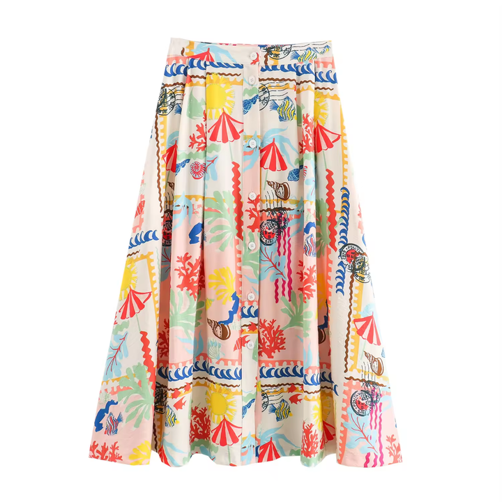 Fletcher Multi Color Thai Seaside Print Midi Skirt