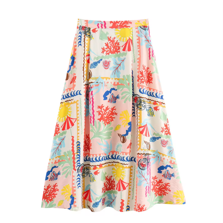 Fletcher Multi Color Thai Seaside Print Midi Skirt