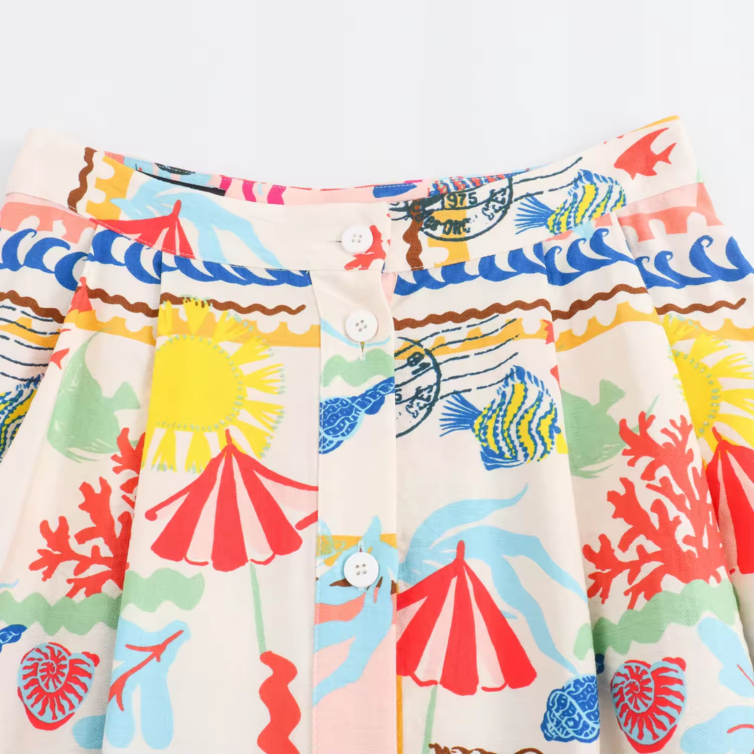 Fletcher Multi Color Thai Seaside Print Midi Skirt
