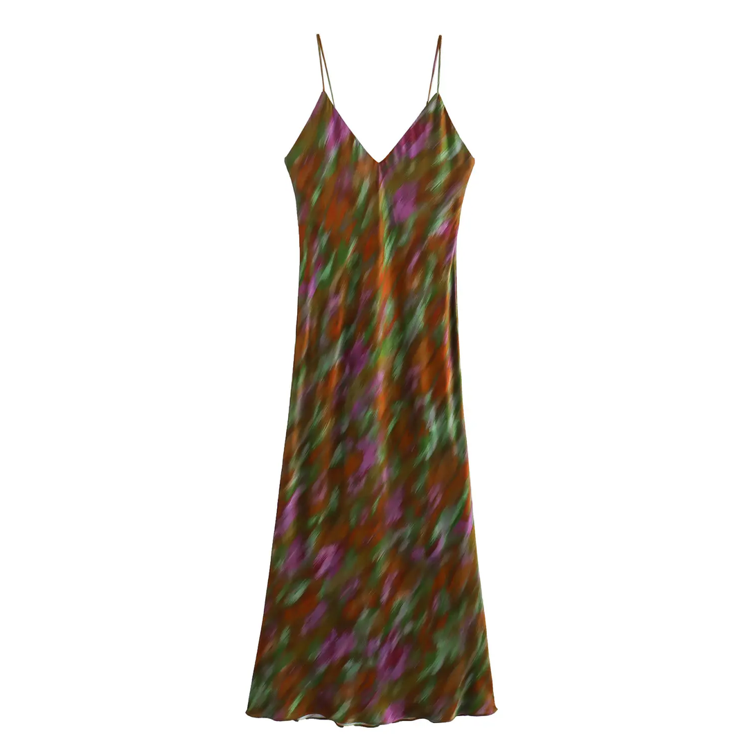 Henna Multicolor Spaghetti Strap Multicolor Print Midi Dress