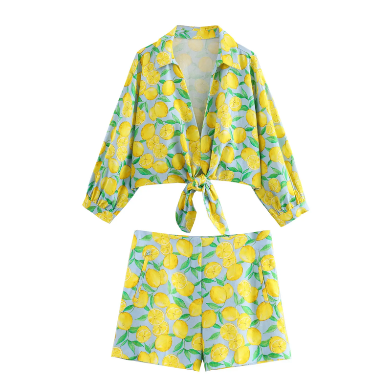 Sheen Yellow and Blue Zipper Fly Fruit Print Casual Short