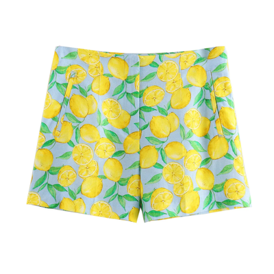 Sheen Yellow and Blue Zipper Fly Fruit Print Casual Short