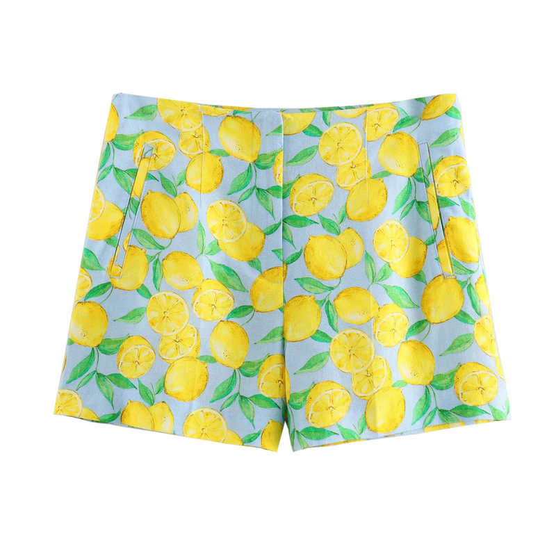 Sheen Yellow and Blue Zipper Fly Fruit Print Casual Short