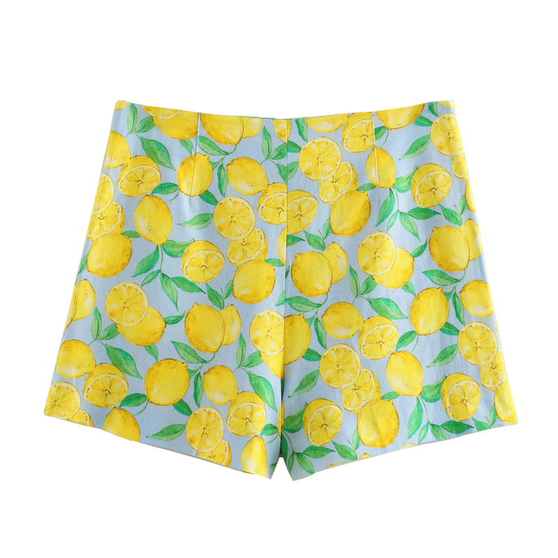 Sheen Yellow and Blue Zipper Fly Fruit Print Casual Short