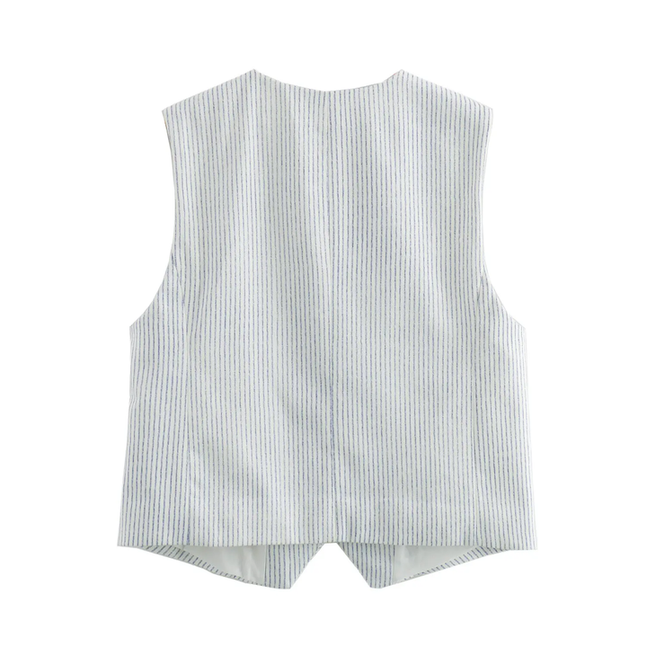 Alfia V Neck Buttons Up Striped Print Vest Waist Coat