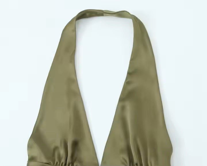 Luca Olive Green Back Hollow Out Halter Mini Dress