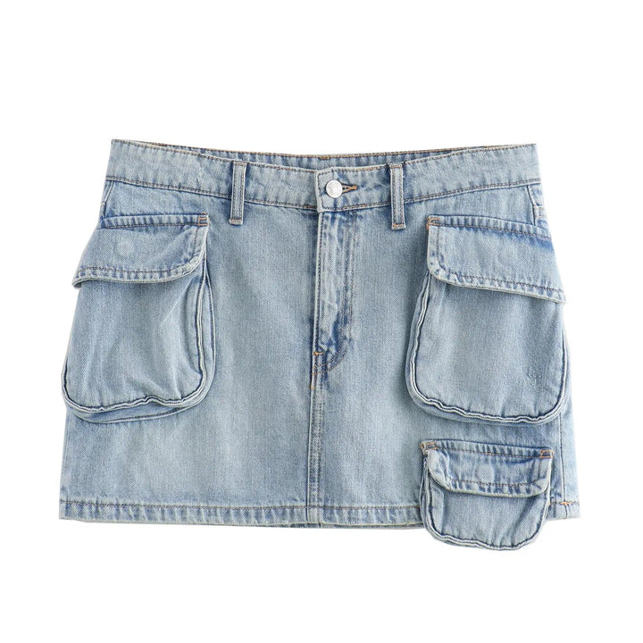 Shaleth Light Blue Denim Front Pockets Mini Skirt