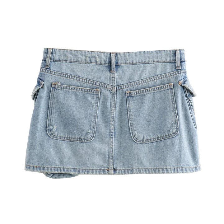Shaleth Light Blue Denim Front Pockets Mini Skirt