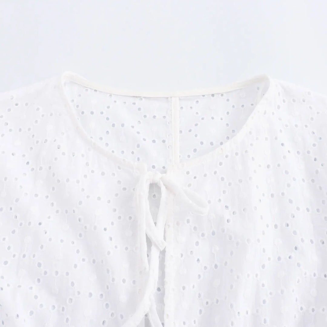 Aquana White Floral Embroidery Long Sleeve Front Lace Up Top