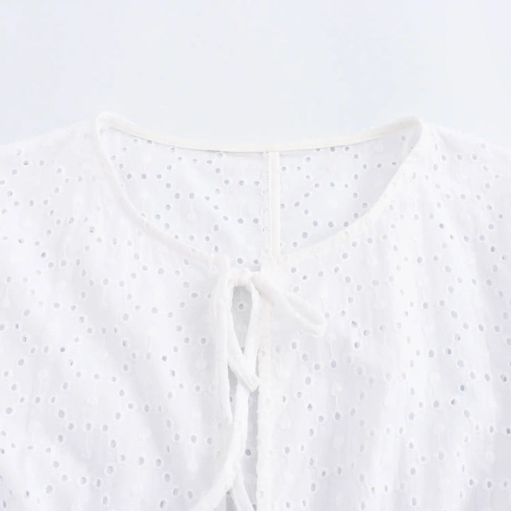 Aquana White Floral Embroidery Long Sleeve Front Lace Up Top
