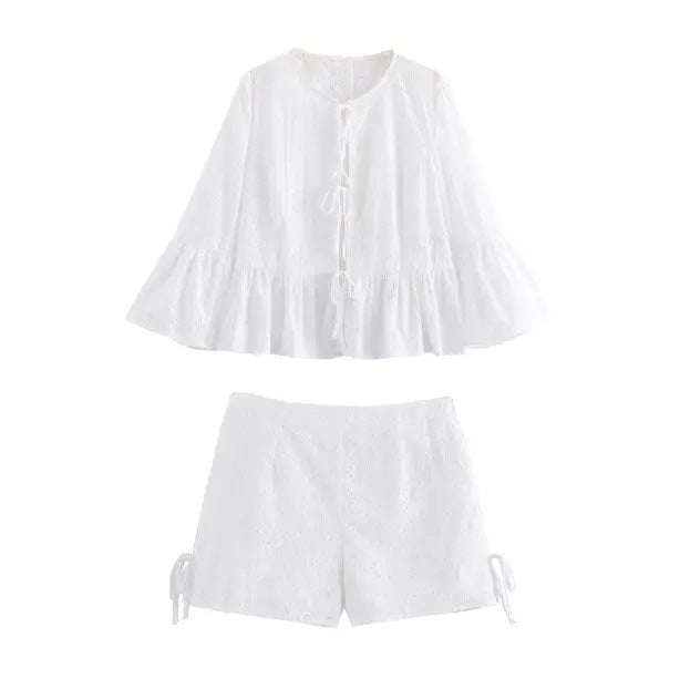 Aquana White Floral Embroidery Long Sleeve Front Lace Up Top
