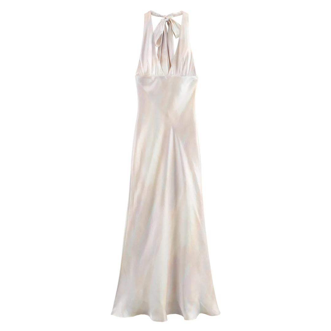 Jocelyn Pastel Holo Multicolor Satin Halter Neck Maxi Dress