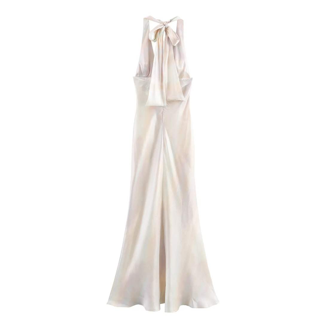 Jocelyn Pastel Holo Multicolor Satin Halter Neck Maxi Dress