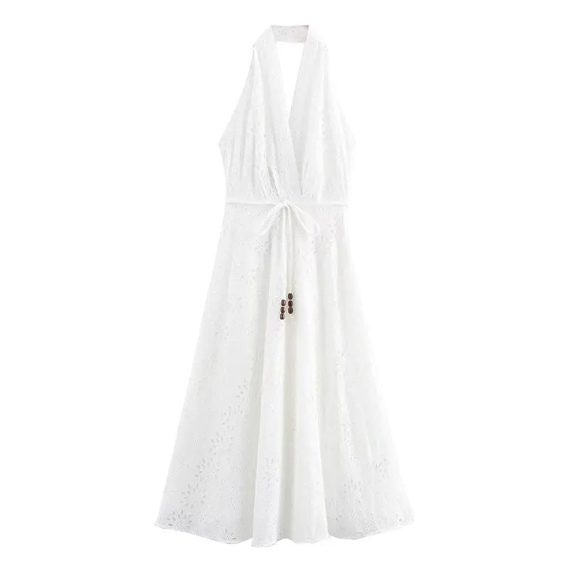 Palma White Floral Emboidery Beaded Halter Back Hollow Out Midi Dress