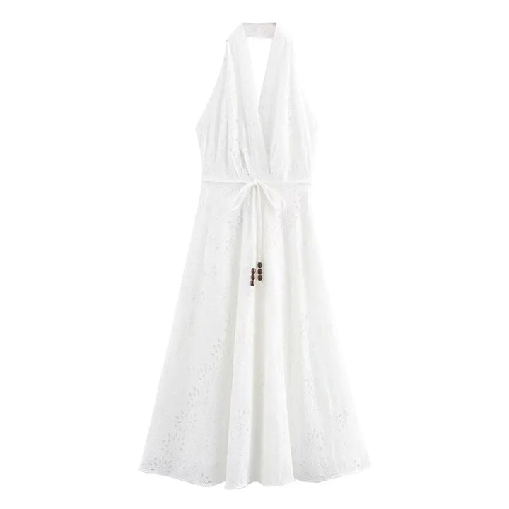 Palma White Floral Emboidery Beaded Halter Back Hollow Out Midi Dress