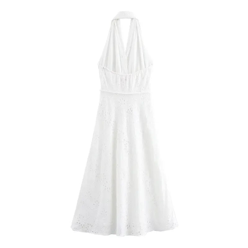 Palma White Floral Emboidery Beaded Halter Back Hollow Out Midi Dress