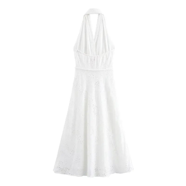 Palma White Floral Emboidery Beaded Halter Back Hollow Out Midi Dress