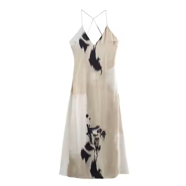 Fontana Beige Black Tie Dye Print Back Hollow Out Midi Dress