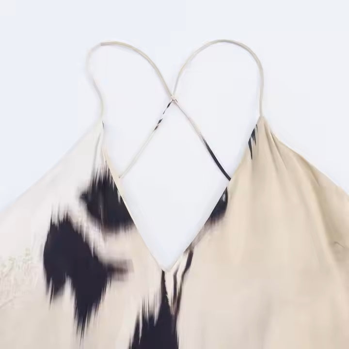 Fontana Beige Black Tie Dye Print Back Hollow Out Midi Dress
