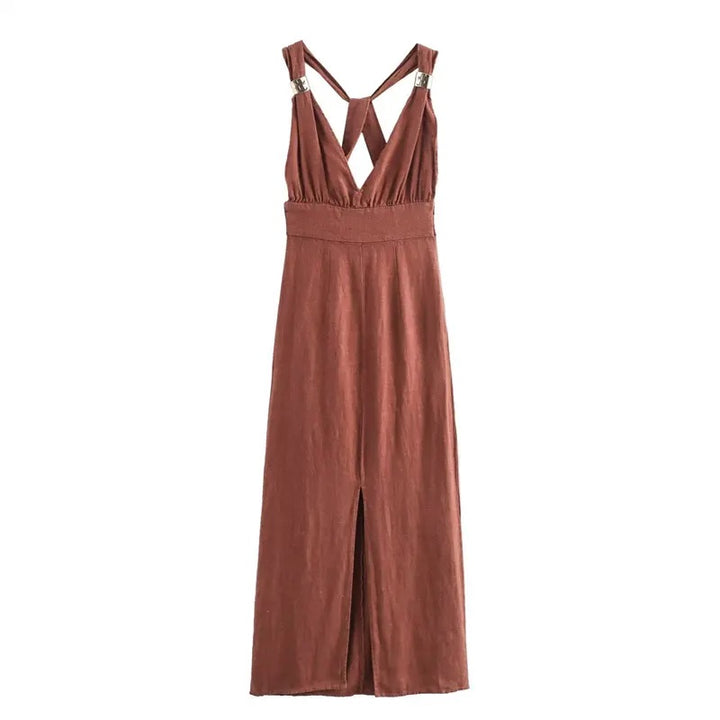 Daria Red Wood V-Neck Back Hollow Out Midi Dress