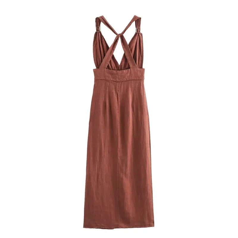 Daria Red Wood V-Neck Back Hollow Out Midi Dress