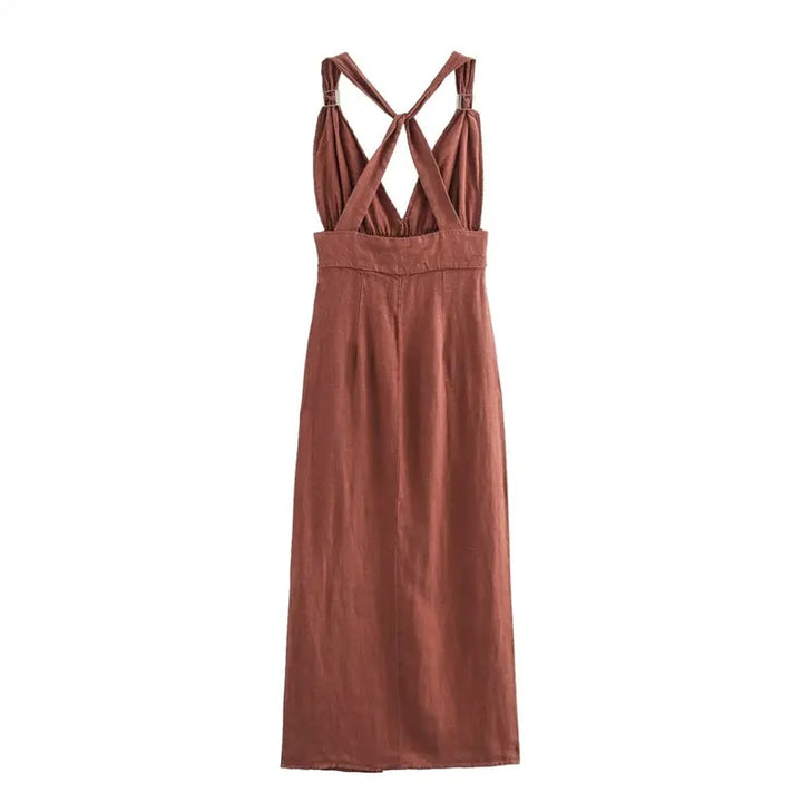 Daria Red Wood V-Neck Back Hollow Out Midi Dress