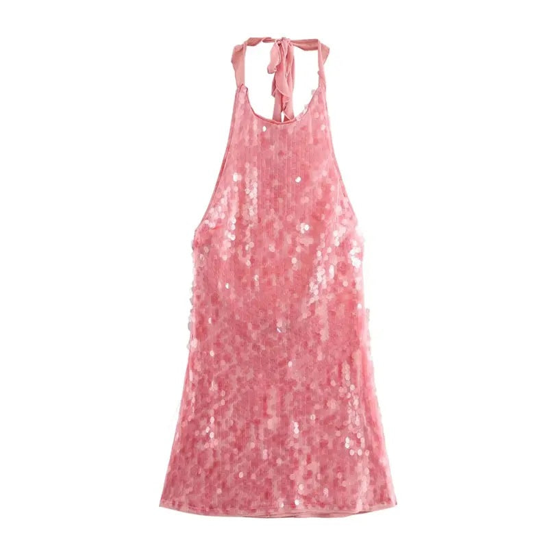 Amaris Pink halter Back Hollow Out Sequined Mini Dress