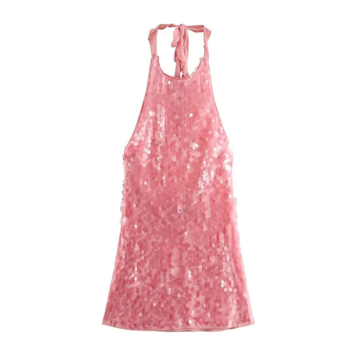 Amaris Pink halter Back Hollow Out Sequined Mini Dress