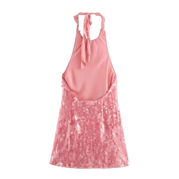 Amaris Pink halter Back Hollow Out Sequined Mini Dress