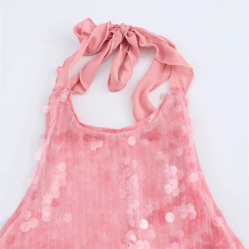 Amaris Pink halter Back Hollow Out Sequined Mini Dress