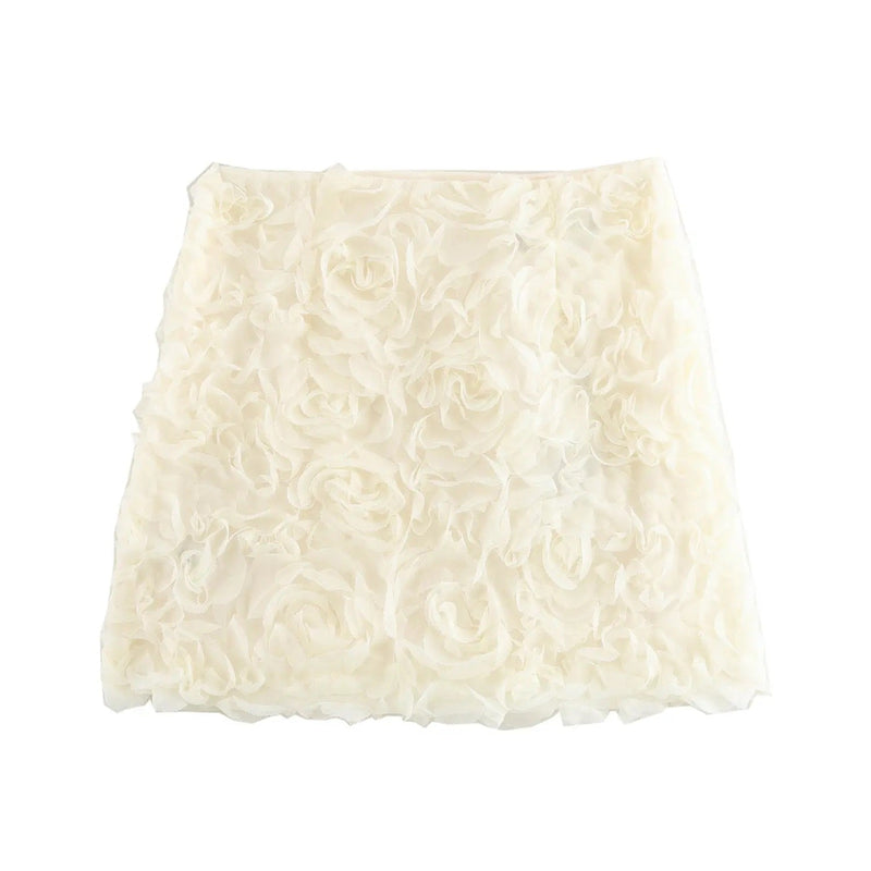 Vaeri White Floral Pattern Zipper Fly Mini Skirt