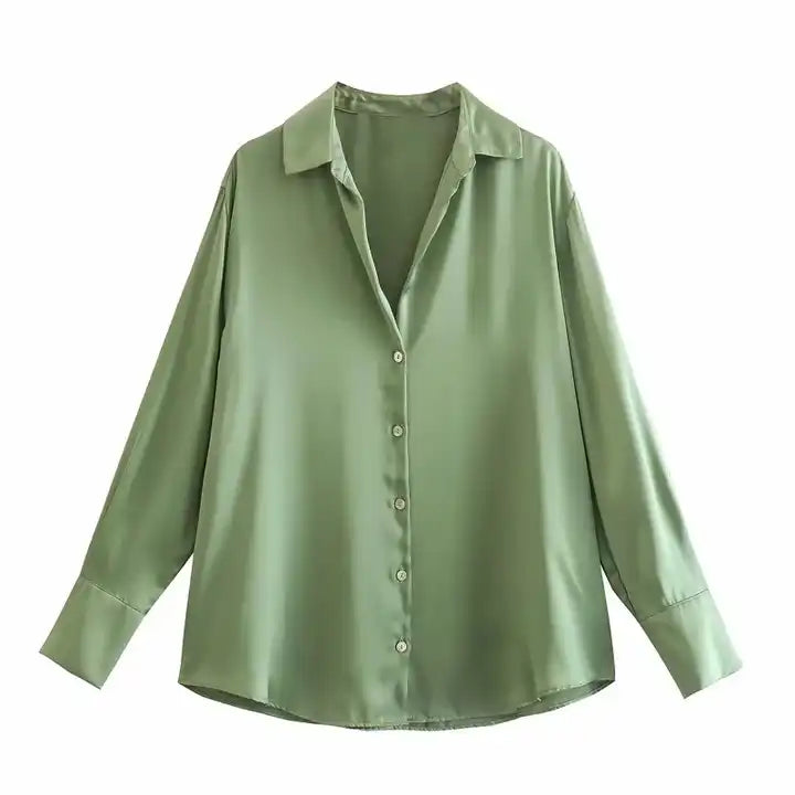Luchie Green Turn Down Collar Buttons Up Long Sleeves Top