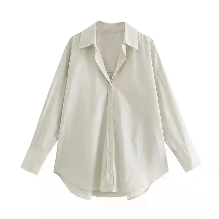 Vanna Beige Turn Down Colar Button Down Casual Long Sleeve Top