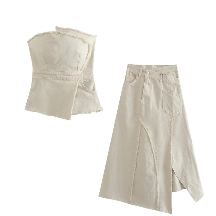 Montela Beige Zipper Fly Side Slit Asymmetrical Denim Maxi Skirt