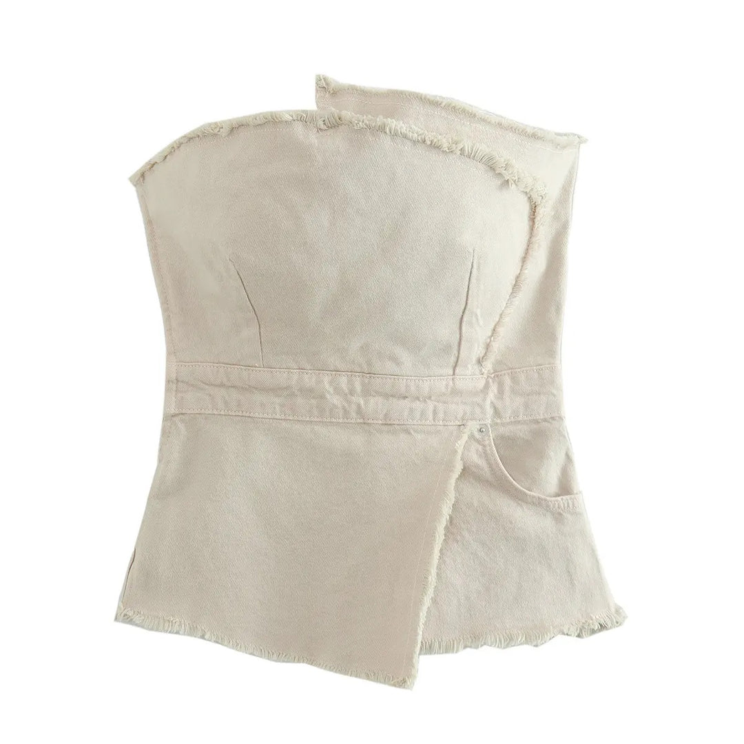 Menerys Beige Asymmetrical Denim Tank Tops
