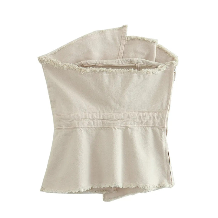 Menerys Beige Asymmetrical Denim Tank Tops