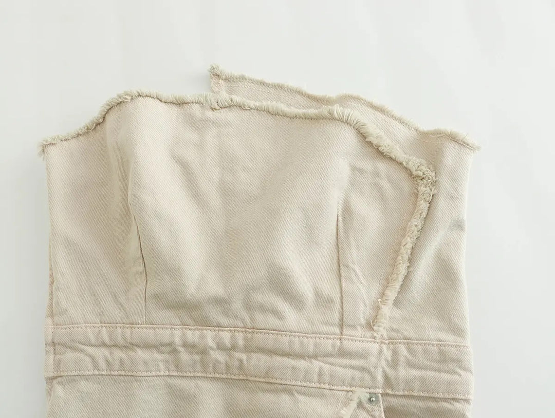 Menerys Beige Asymmetrical Denim Tank Tops