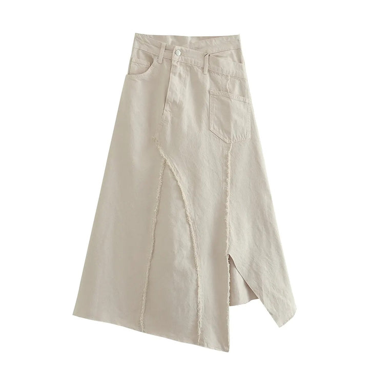 Montela Beige Zipper Fly Side Slit Asymmetrical Denim Maxi Skirt